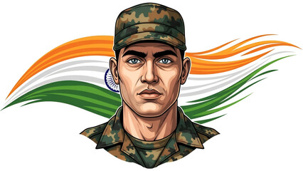 Patriotic portrait of indian army soldier in camouflage uniform with tricolor background for happy republic celebration and independence theme reflecting national pride and respect