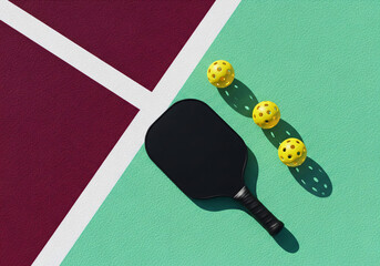 Pickleball equipment black paddle three yellow balls vibrant court colors