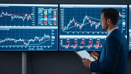 Businessman analyzing stock market data on multiple screens analysis