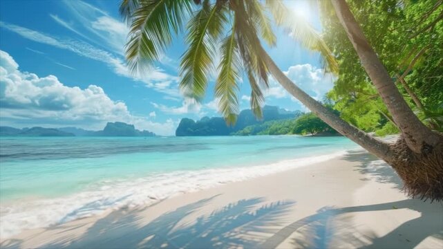 Tropical beach with palm trees and azure water in ocean. Paradise island on a sunny day. Trip, travel and vacation concept