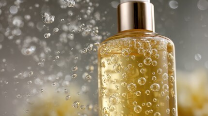 Golden Bubble Oil Bottle with Droplets and Sparkling Effects on a Soft Background