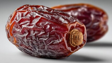 Close-up of two pitted, dried dates on a neutral surface