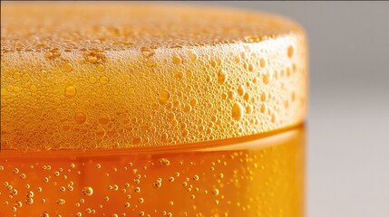 Close-Up View of Bubbles on Bright Orange Beverage Surface in a Clear Glass Container