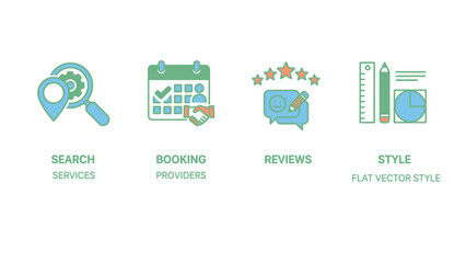 Set of four icons representing business services search booking reviews and style.