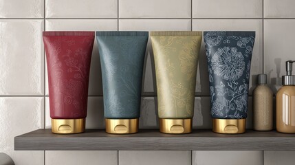 Elegant Arrangement of Decorative Cosmetic Tubes on a Wooden Shelf in a Modern Bathroom Setting