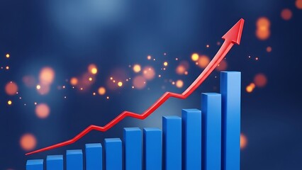 Blue bars with rising red arrow and bokeh lights on dark blue background graph chart