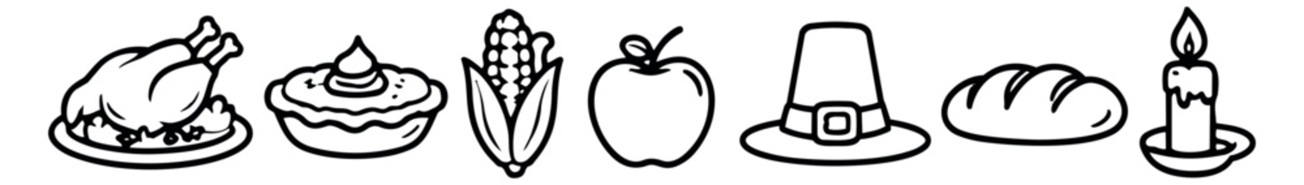 Hand drawn line art Thanksgiving icons set featuring a roasted turkey, pumpkin pie, corn, apple, pilgrim hat, bread, and candle for a holiday celebration