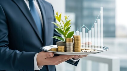 Businessman holding tray with plant growing from coins and financial graph suit