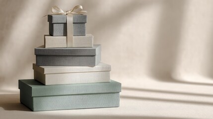 Elegant stack of decorative gift boxes in soft colors on neutral background, wrapped with ribbon and shadows enhancing texture