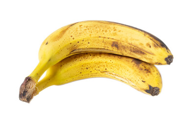 Two ripe bananas isolated on white background with visible brown spots and natural curved shape.