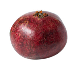 Ripe red pomegranate isolated on white background, showing natural texture, rich color, and fresh organic surface.