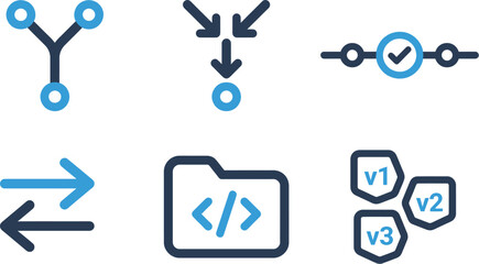 Decision making and development icons set in blue for choice selection coding 
programming workflow process direction branding design