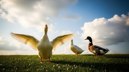 Three ducks on a grassy field with cloudy sky