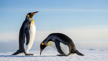 Fototapeta premium Two penguins on the ice with one standing tall and the other bent over