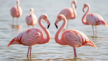 Flock of pink flamingos standing in shallow water interacting and feeding