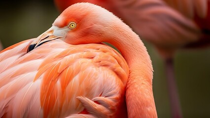 Close up of a pink flamingo preening its feathers