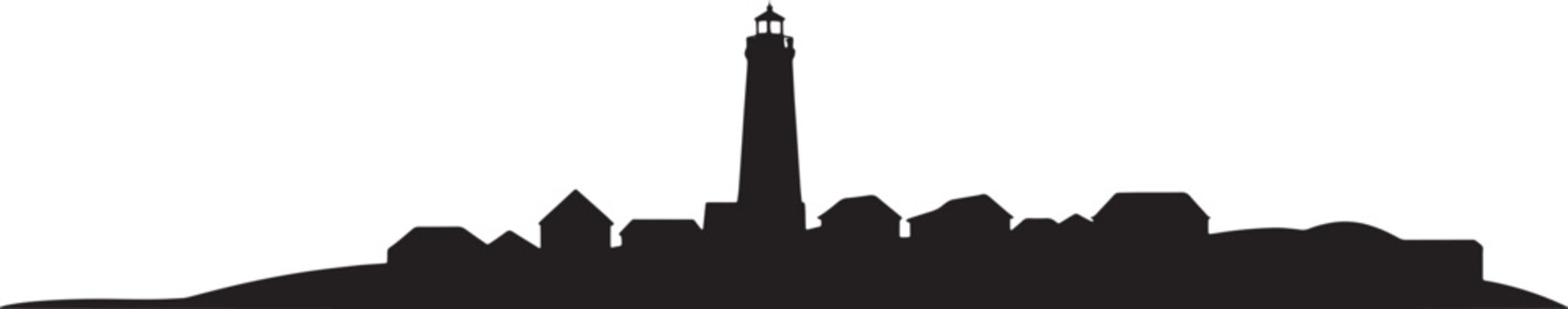 Egmond aan zee netherlands skyline silhouette with lighthouse and houses for travel poster