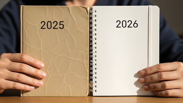 Person holding open notebook with 2025 and 2026 pages.