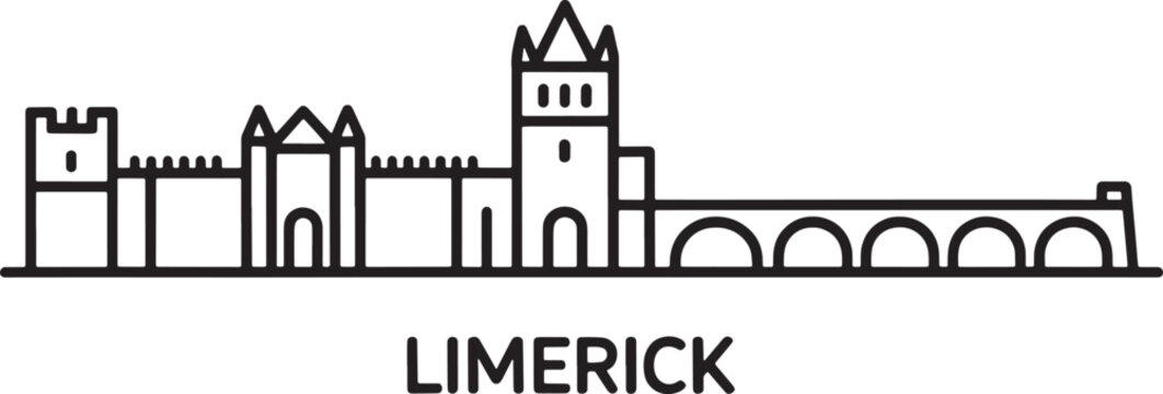 Limerick skyline outline vector illustration with historical castle bridge and city landmarks