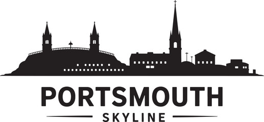 Fototapeta premium Portsmouth skyline silhouette with historic architecture and spires on a transparent background