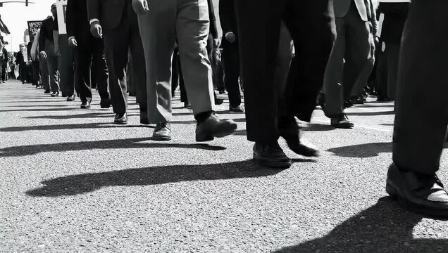 Black and white photo of a large group of businessmen walking on a road in a line with shadows on the ground