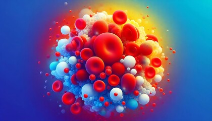  "A vibrant, abstract illustration of red and white blood cells, with red cells shown as smooth discs and white cells as irregular spheres with intricate textures, set against a colorful gradient back