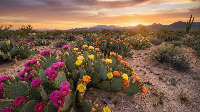 Vibrant Prickly Pear Cactus Blooms In The Desert At Golden Hour With Distant Mountain Range Under A Warm Orange Sky
