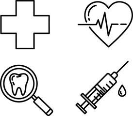 Set of four medical healthcare icons illustration vector featuring cross heart tooth and syringe isolated on white background