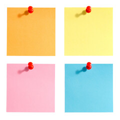 Arranged empty four post-it papers in pastel yellow, orange, pink and blue Isolated on transparent or white, Cut out