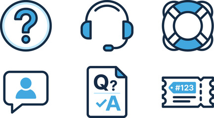 Customer service and support icons set in blue for help desk contact assistance FAQ
information communication branding design