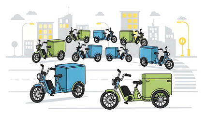 Delivery vehicles gathered in a cityscape, representing logistics and transportation services