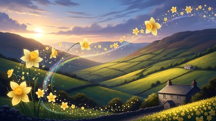 St david's day landscape with daffodils and welsh countryside