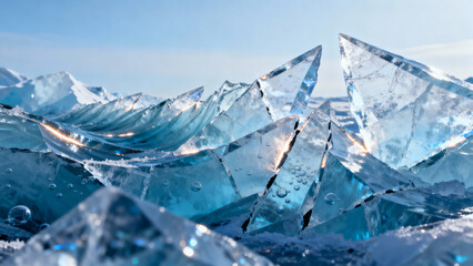 Captivating modern geometry background of fractured ice formations with a shimmering blue hue, evoking a sense of pristine winter beauty and abstract natural art