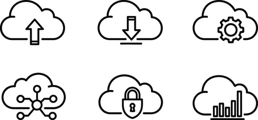 Six cloud computing line icons vector illustration depicting data storage management and network security isolated on white background