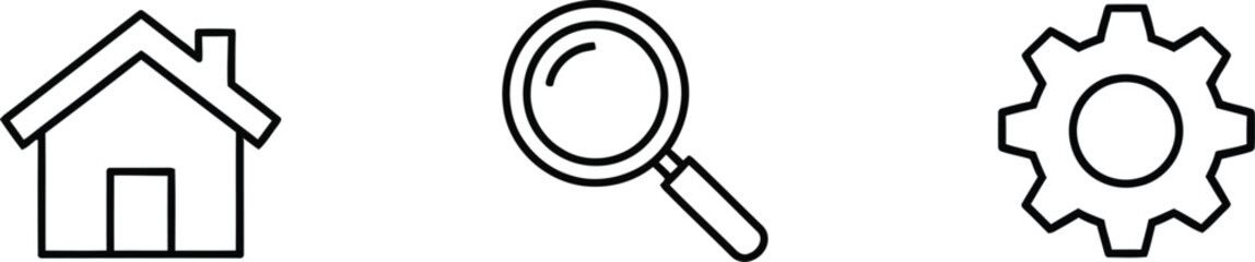 Three outline icons illustration vector featuring home, search, and settings symbols isolated on white background