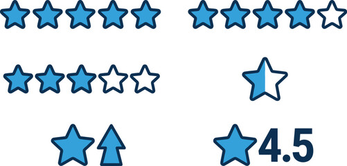 Customer rating and review star icons set with five star four star half star rating system in blue 
color scheme for feedback evaluation quality assessment and user satisfaction interface design