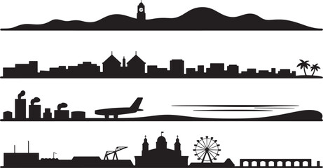 Obraz premium Urban skyline silhouette set featuring cityscapes with industrial zones and famous landmarks