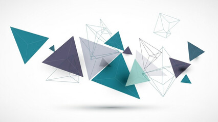 Abstract geometric background with floating 3d triangles and wireframe structures in teal blue and purple hues