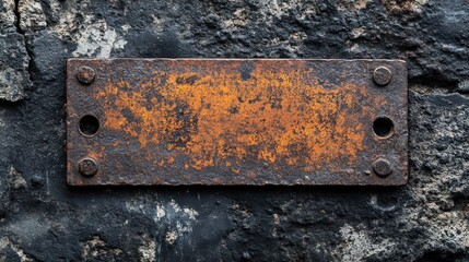 Rusty metal plate on a dark stone wall