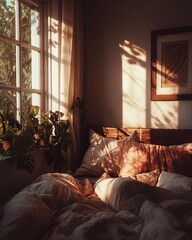 A cozy bedroom scene bathed in warm sunlight streaming through a large window, casting intricate shadows on the bed and surrounding furniture.