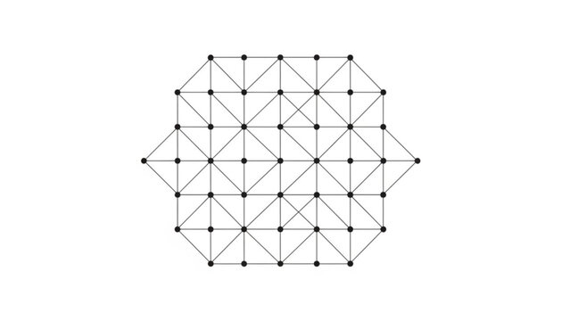 Geometric pattern of interconnected dots and lines forming a hexagonal grid with protruding sides on a white background