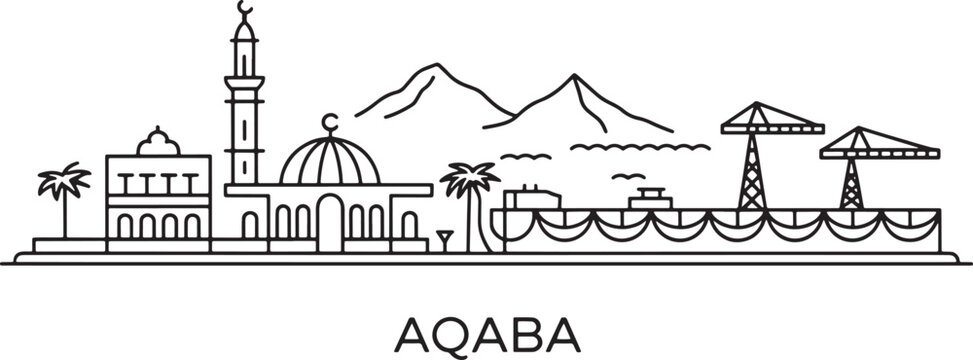 Aqaba jordan port city skyline silhouette with mountains palm trees and harbor cranes illustration