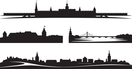 Set of fortress and castle silhouettes with ancient walls towers and river bridge compositions