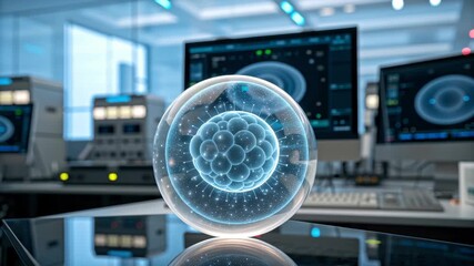 IVF Embryo Concept ,Futuristic laboratory workspace with glowing atom model, advanced technology, science research, innovation, digital interface - Powered by Adobe