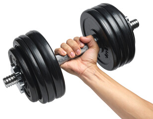 Hand holding a heavy black dumbbell, representing fitness and strength training Isolated on transparent or white, Cut out