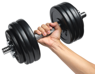 Hand holding a heavy black dumbbell, representing fitness and strength training Isolated on transparent or white, Cut out