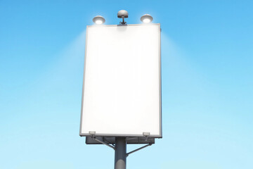 Outdoor pole vertical light box billboard on blue sky background with mock up white screen. Clipping path for mockup. 3d rendering.