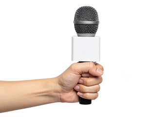 Hand holding a reporter's microphone with a blank flag for an interview Isolated on transparent or white, Cut out