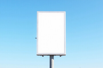 Outdoor pole vertical light box billboard on blue sky background with mock up white screen. Clipping path for mockup. 3d rendering.