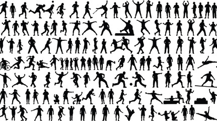 Large vector set of black silhouettes representing diverse human activities, sports, poses, and movement isolated on a clean white background.